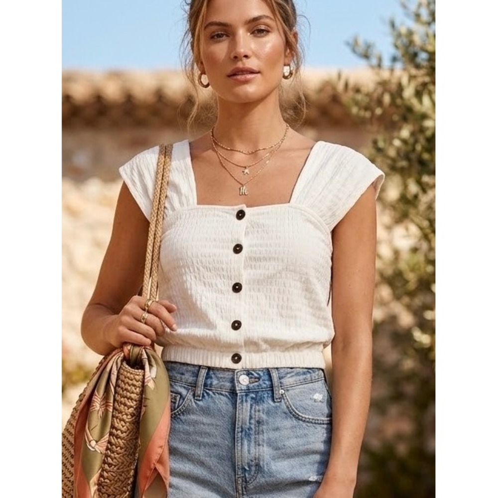 Madewell White Textured Seersucker Button Front Crop Top Square Neck Womens M